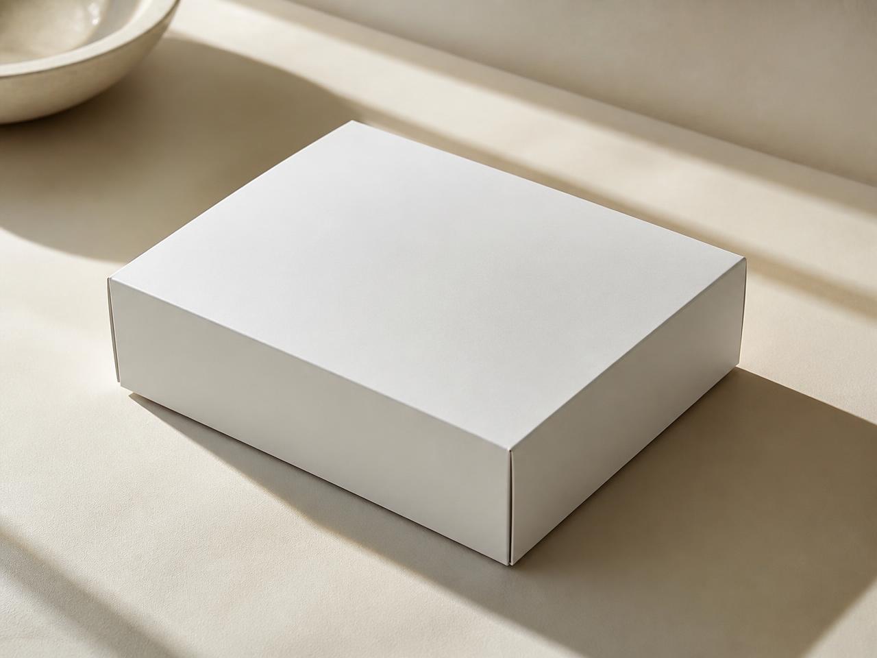 An unbranded white package on a warm ivory surface in soft daylight